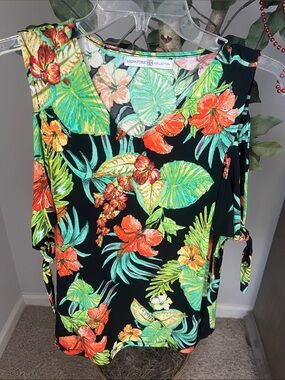 Avon Black Tropical Floral Cold-Shoulder Top - Orange & Green